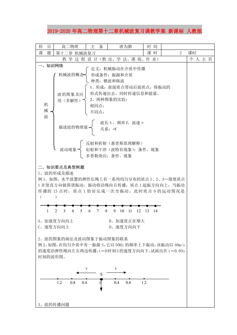 2019-2020年高二物理第十二章机械波复习课教学案