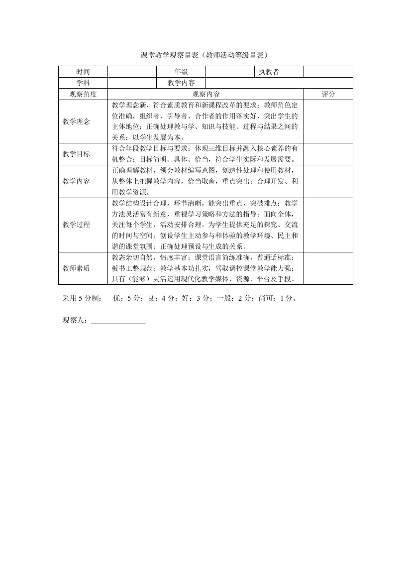 课堂教学观察量表模板（教师活动等级量表）