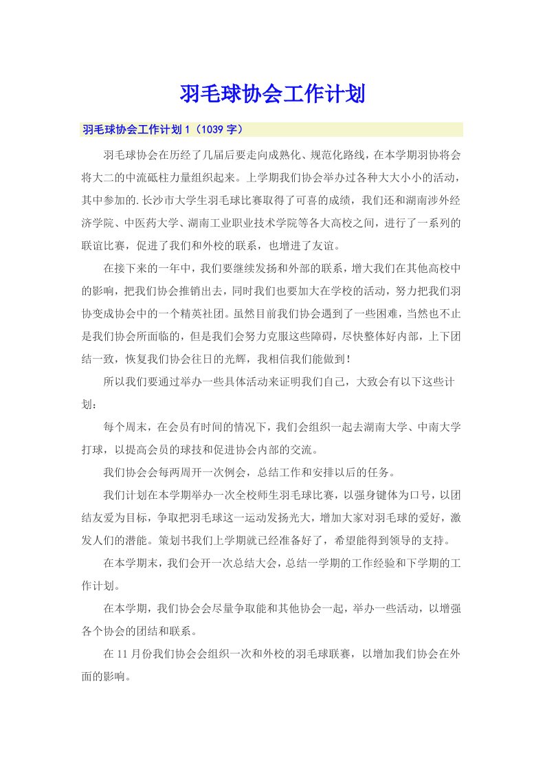 羽毛球协会工作计划