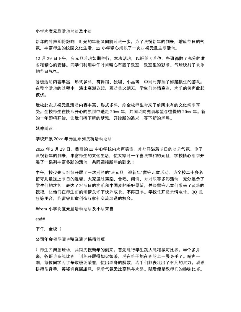 小学欢度元旦活动总结及小结