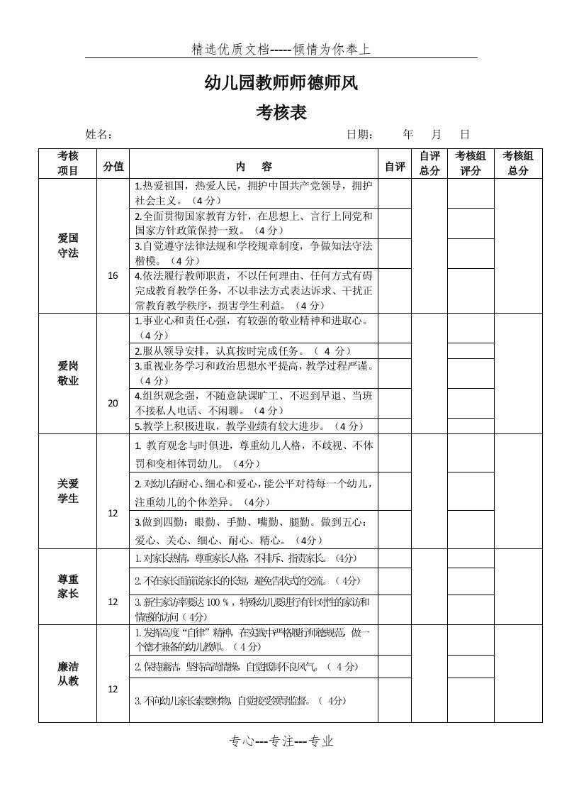 幼儿园教师师德师风考核表(共2页)