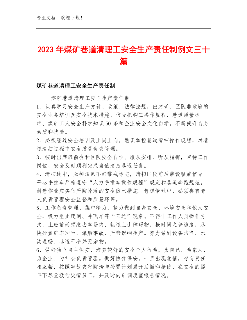 2023年煤矿巷道清理工安全生产责任制例文三十篇