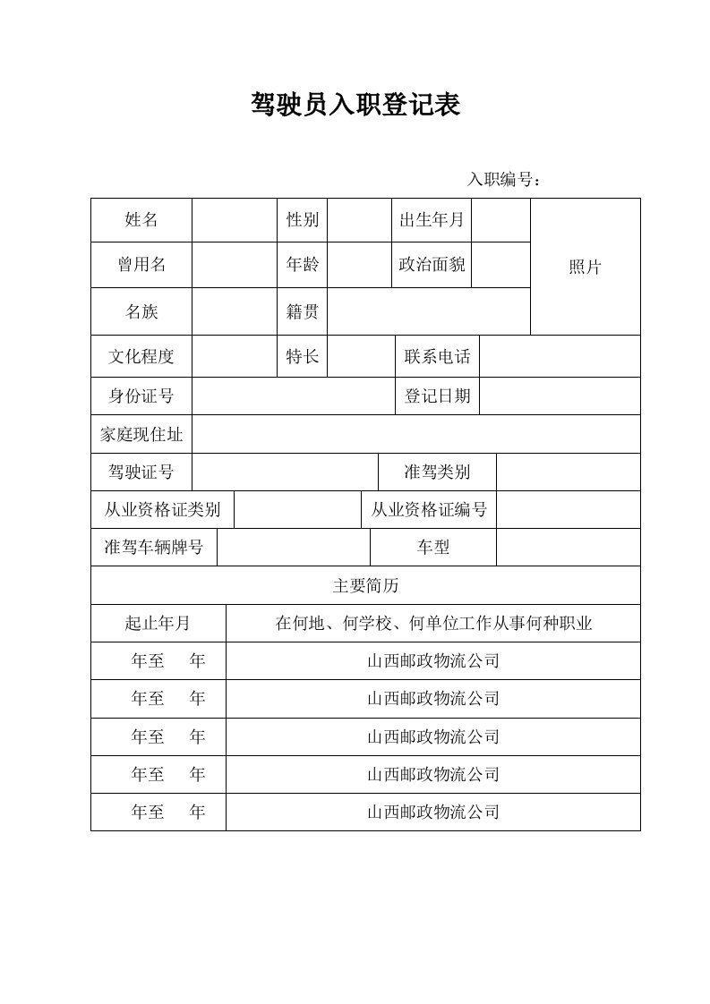 驾驶员入职登记表