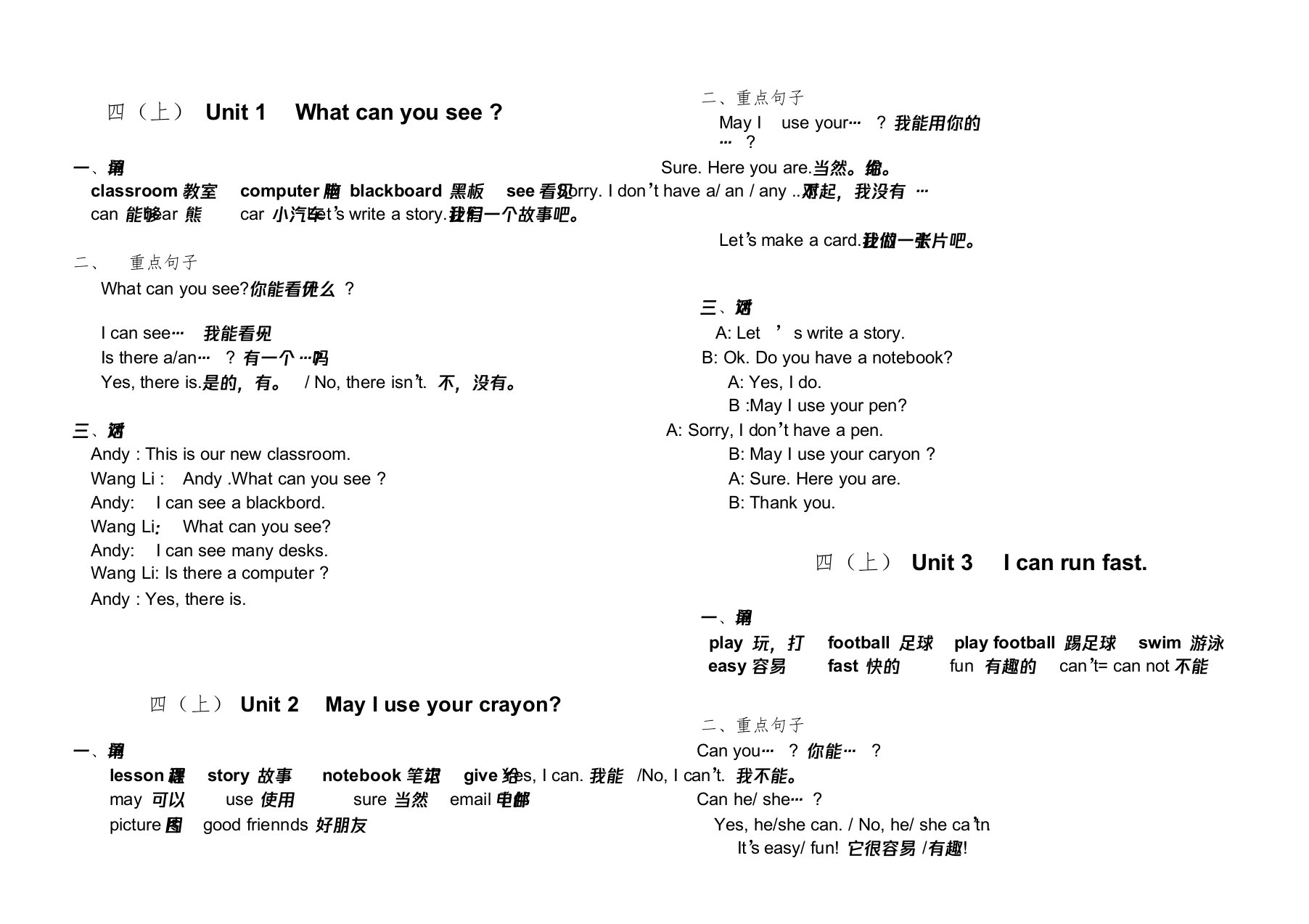 湘鲁版四年级英语上册知识点汇总课件