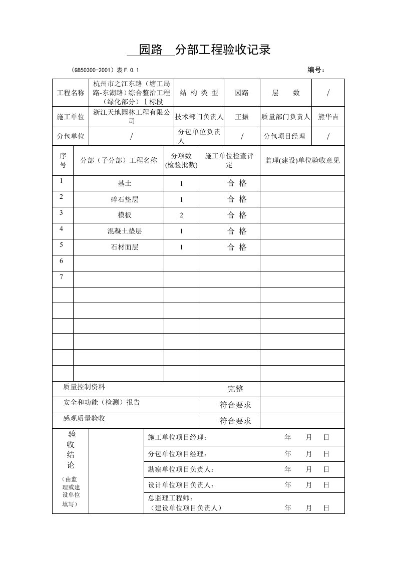 园路分部分项检验批质量验收记录