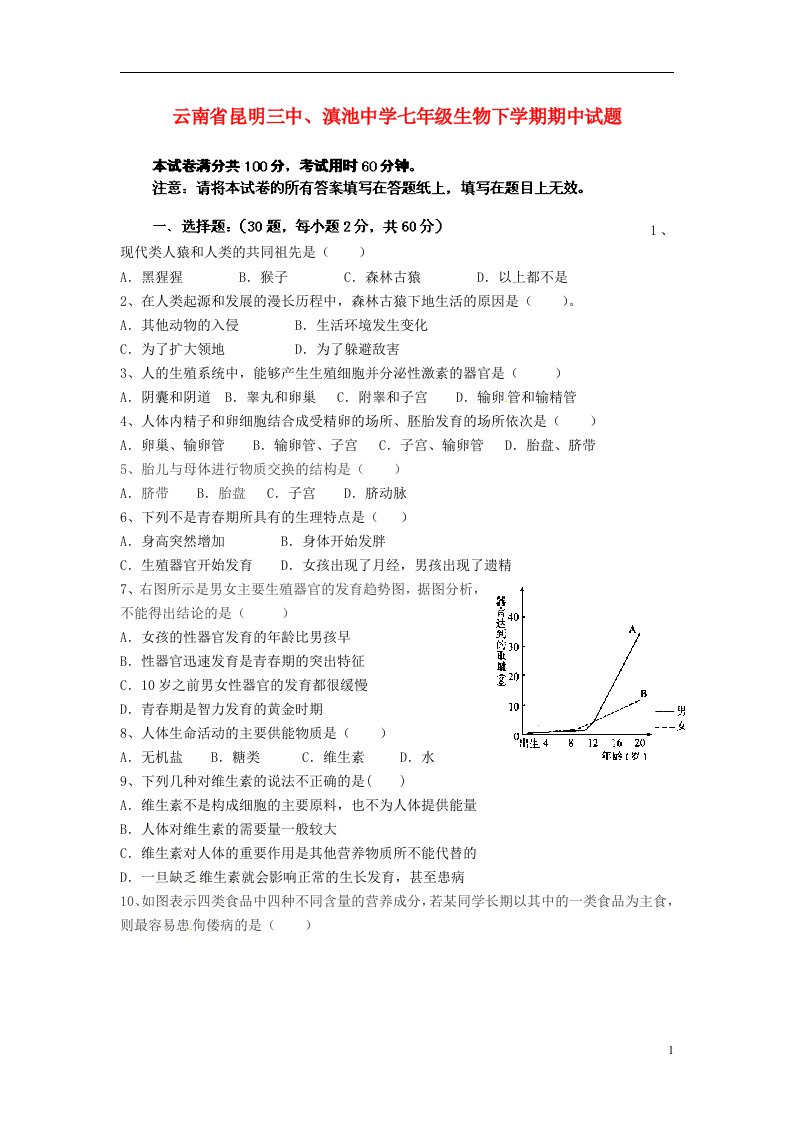 云南省昆明三中、滇池中学七级生物下学期期中试题