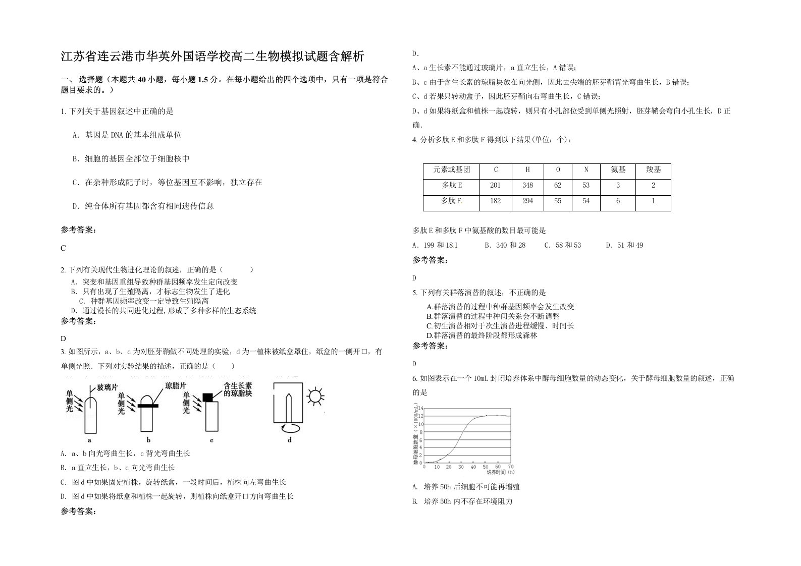 江苏省连云港市华英外国语学校高二生物模拟试题含解析