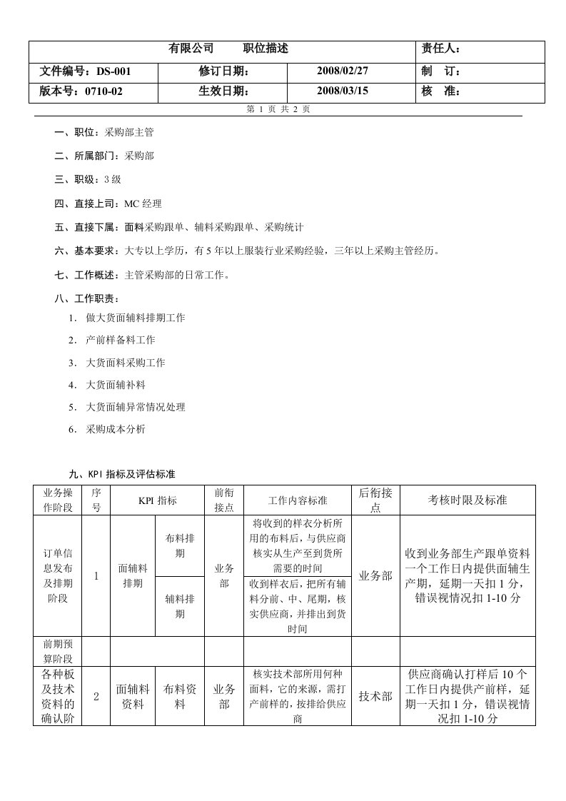 采购部面辅料kpi指标管理