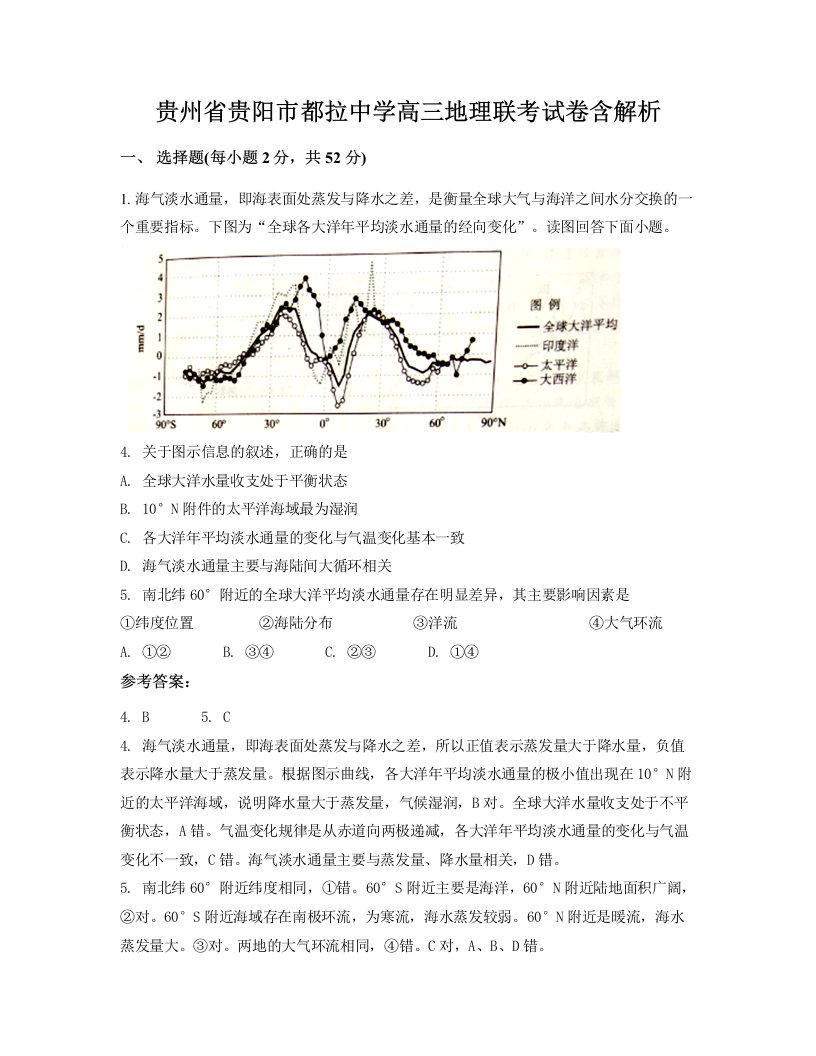 贵州省贵阳市都拉中学高三地理联考试卷含解析