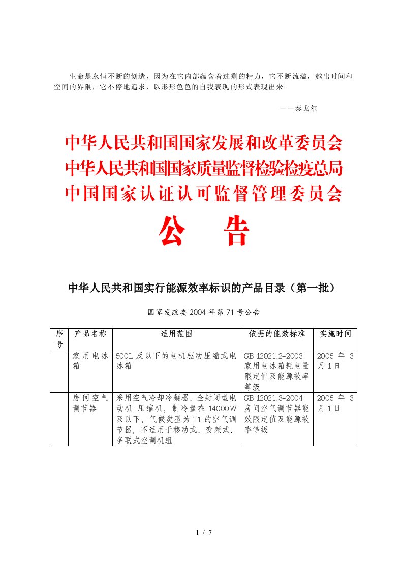 Aejqtry中华人民共和国实行能源效率标识的产品目录(1-7)