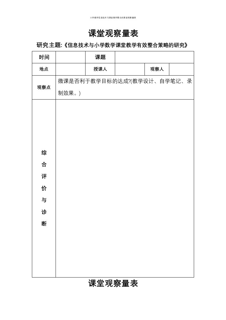 小学数学信息技术与课堂教学整合的课堂观察量表