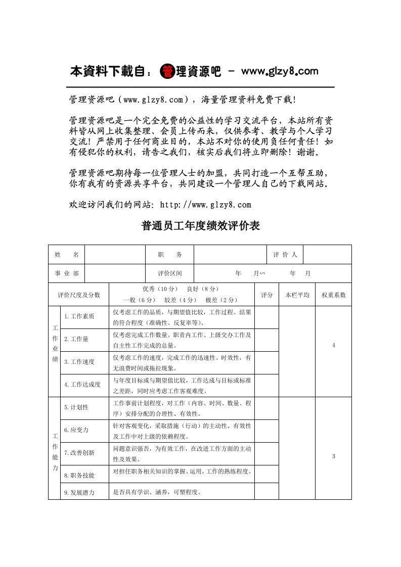 绩效管理表格-普通员工年度绩效评价表