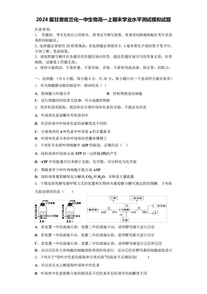 2024届甘肃省兰化一中生物高一上期末学业水平测试模拟试题含解析