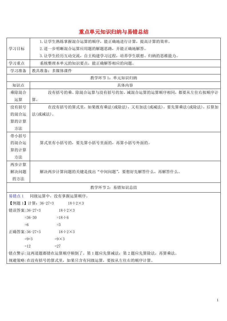 二年级数学下册5混合运算重点单元知识归纳与易错总结导学案新人教版