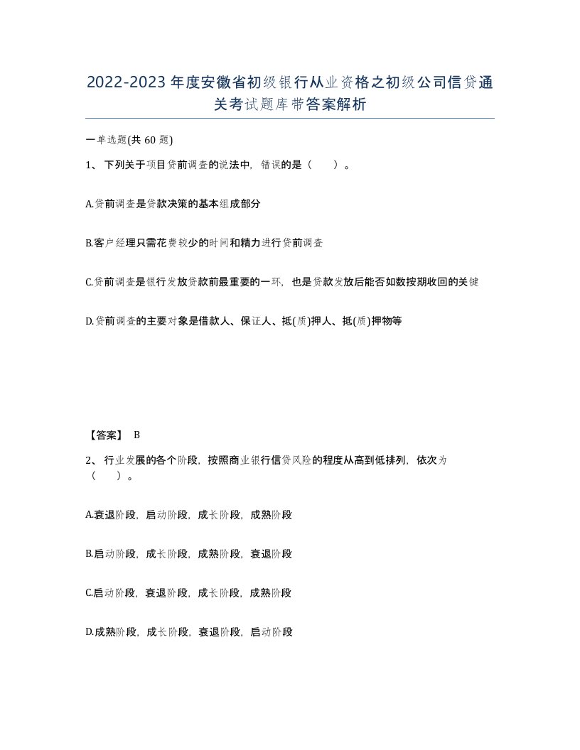 2022-2023年度安徽省初级银行从业资格之初级公司信贷通关考试题库带答案解析