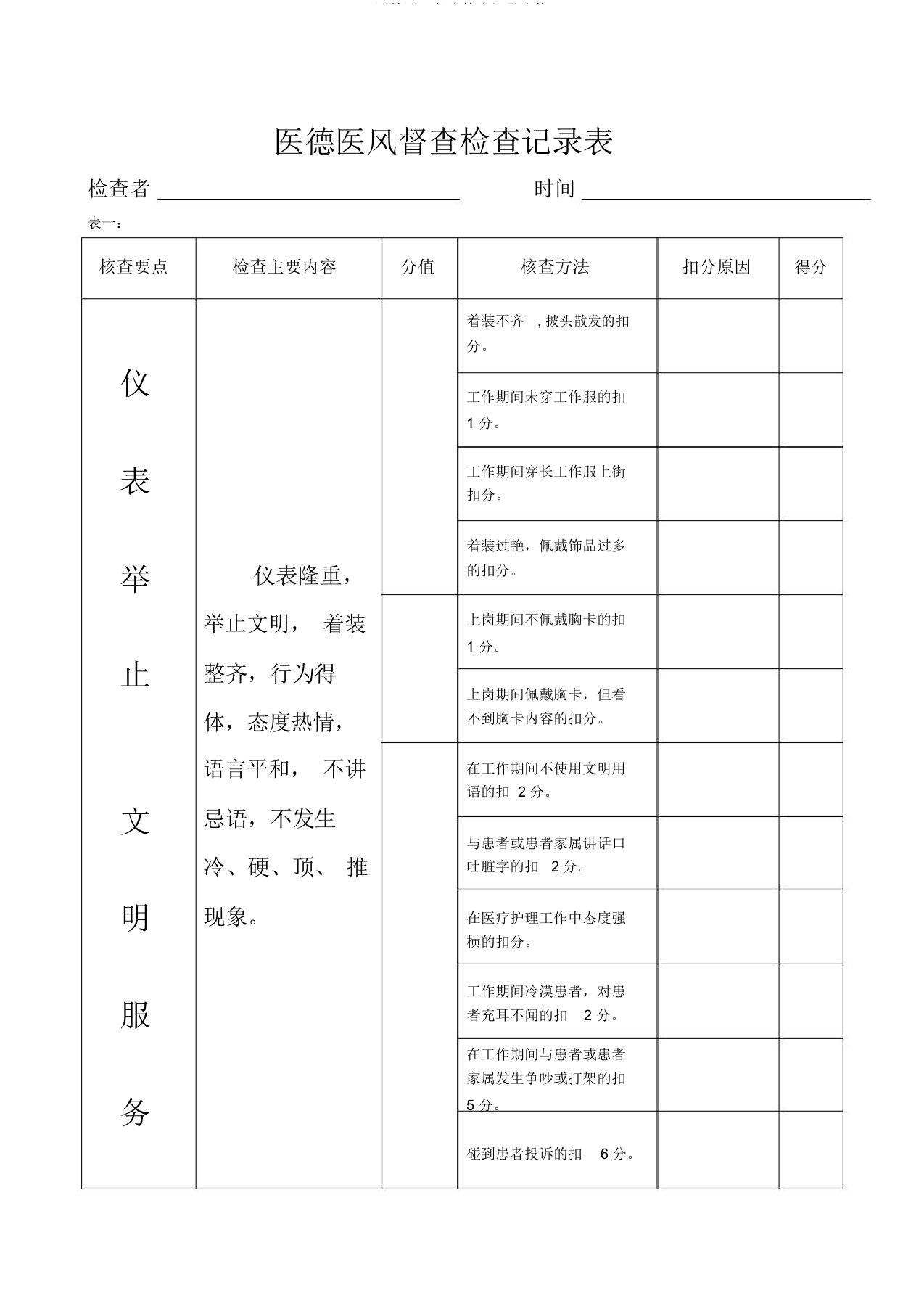 医德医风监督检查记录表格