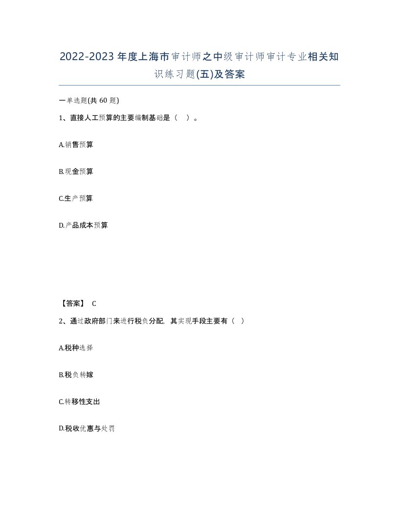 2022-2023年度上海市审计师之中级审计师审计专业相关知识练习题五及答案