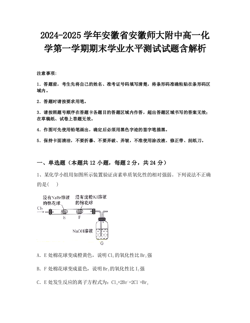 2024-2025学年安徽省安徽师大附中高一化学第一学期期末学业水平测试试题含解析