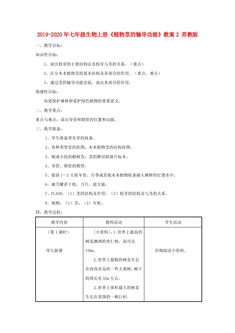 2019-2020年七年级生物上册《植物茎的输导功能》教案2