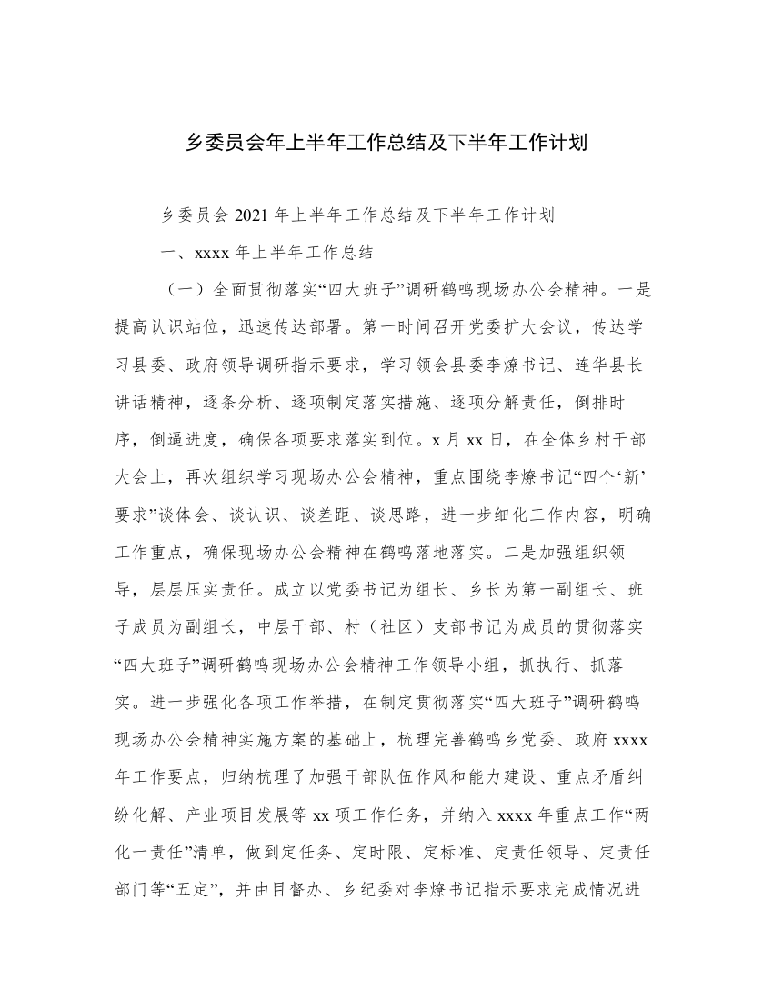 乡委员会年上半年工作总结及下半年工作计划