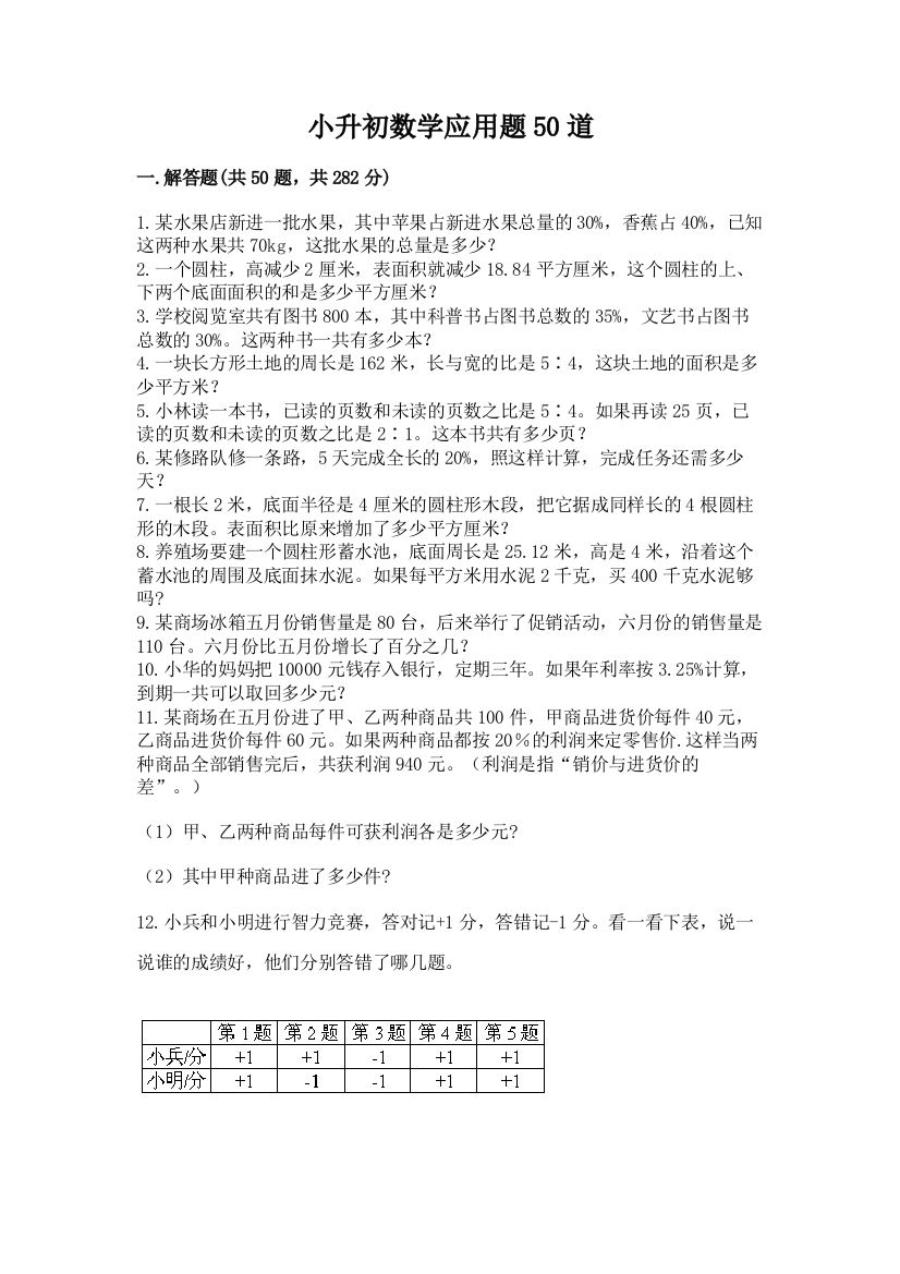 小升初数学应用题50道下载