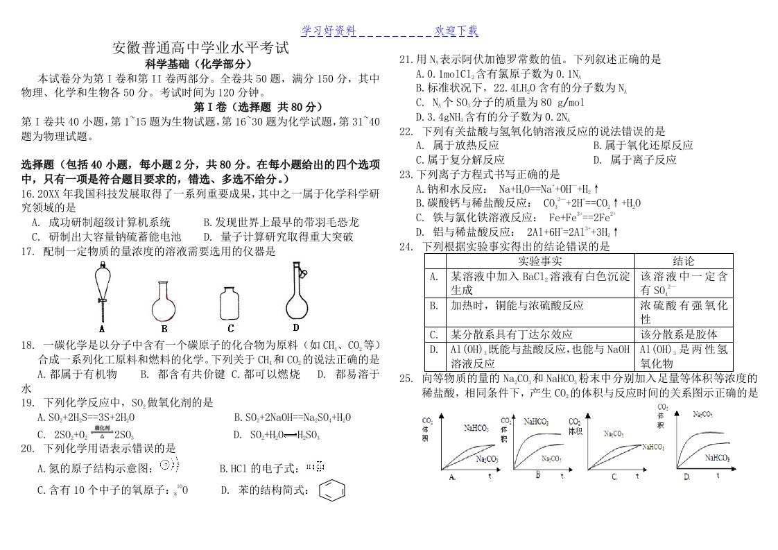 安徽高中学业水平测试化学试题