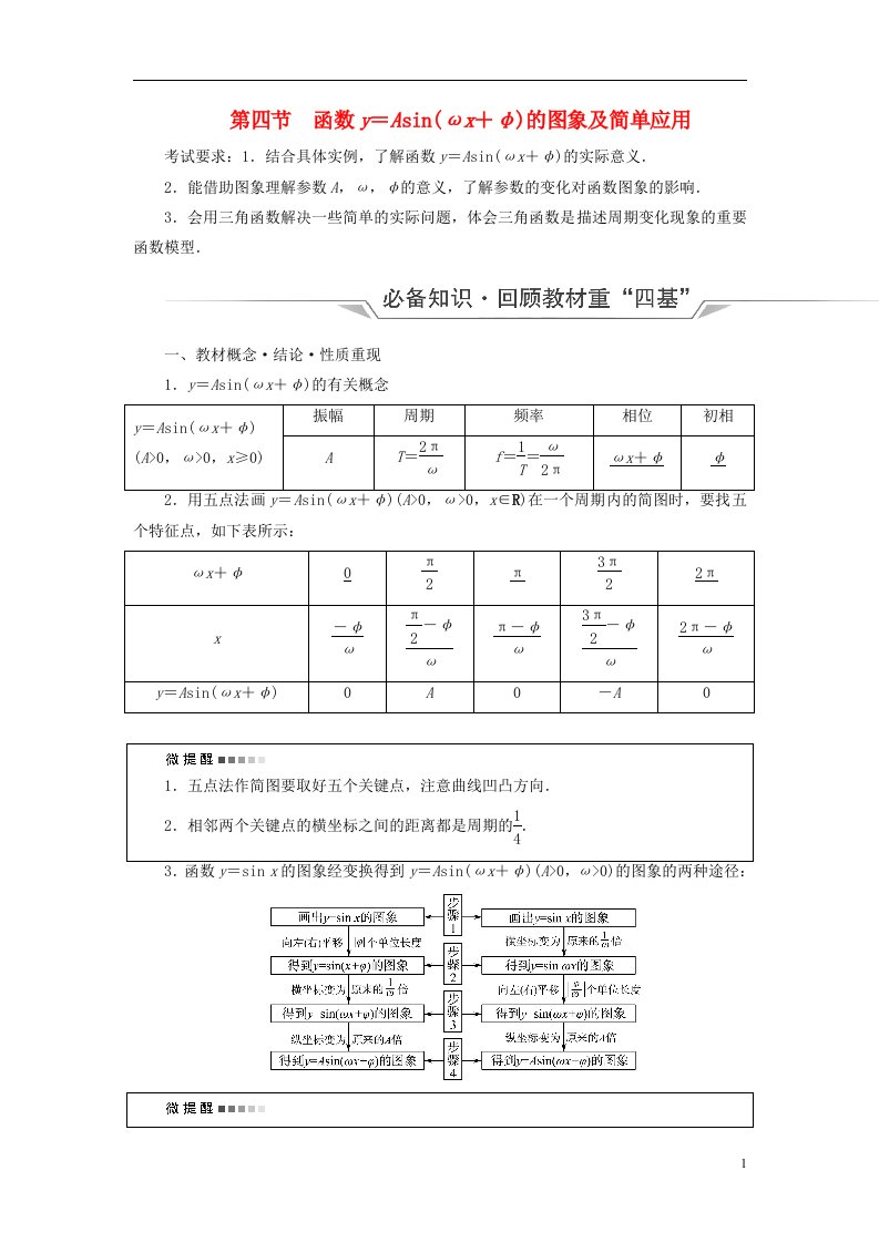 新课标2023版高考数学一轮总复习第4章三角函数第4节函数y＝Asinωx＋φ的图象及简单应用教师用书