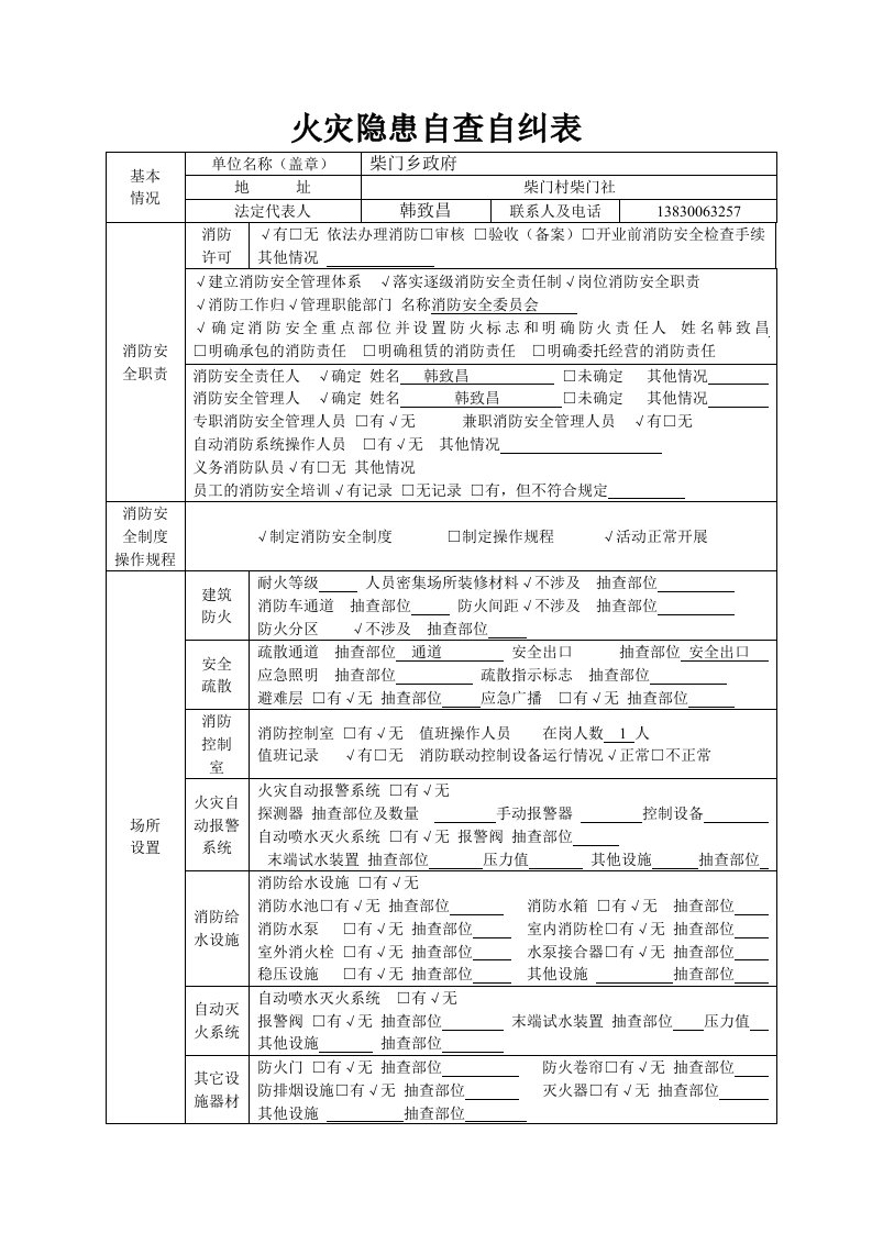 火灾隐患自查自纠表