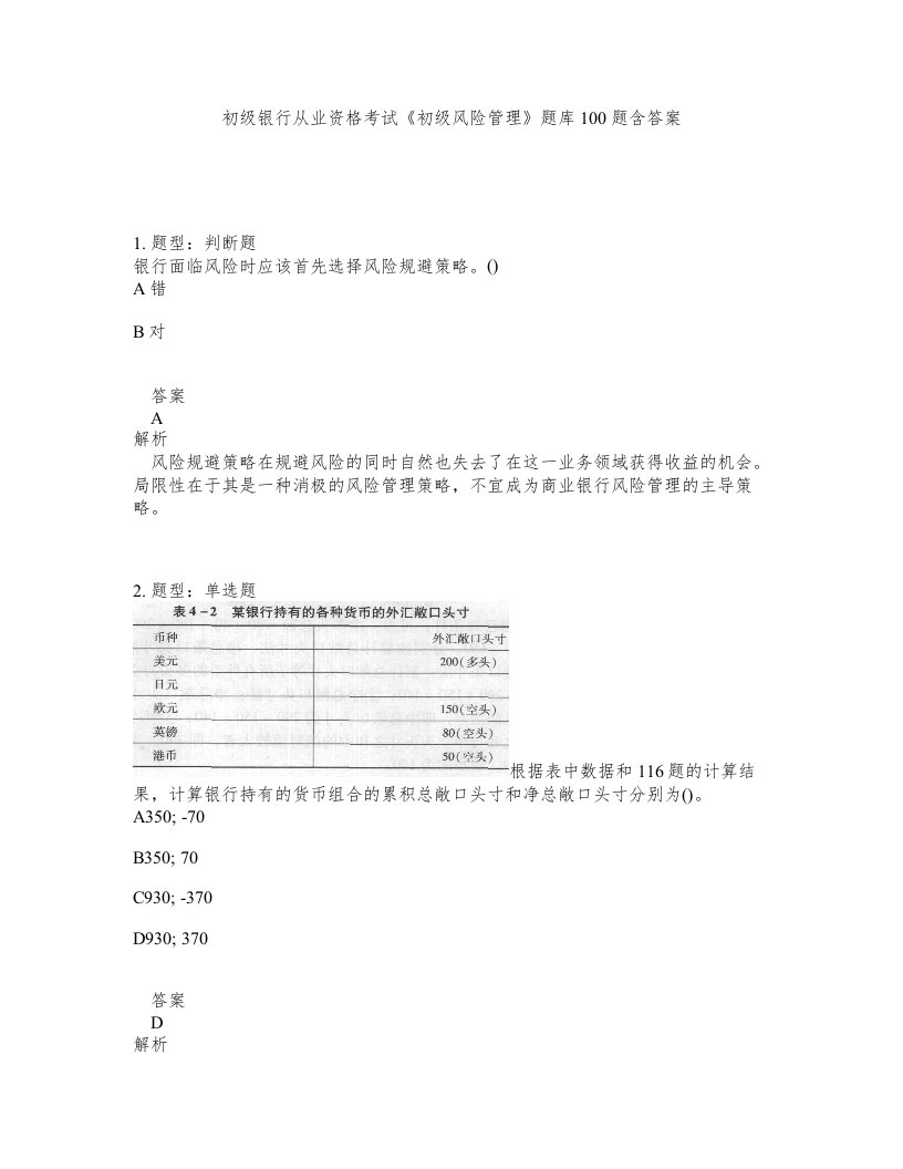 初级银行从业资格考试初级风险管理题库100题含答案第55版