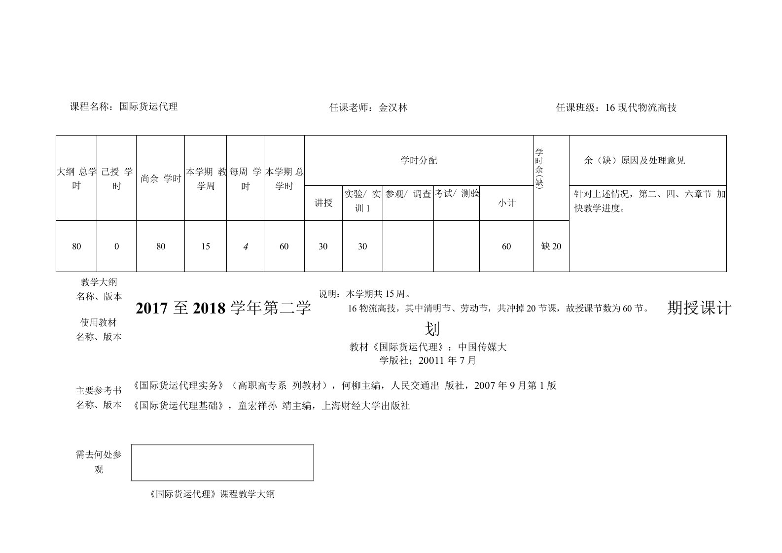 《国际货运代理》授课计划