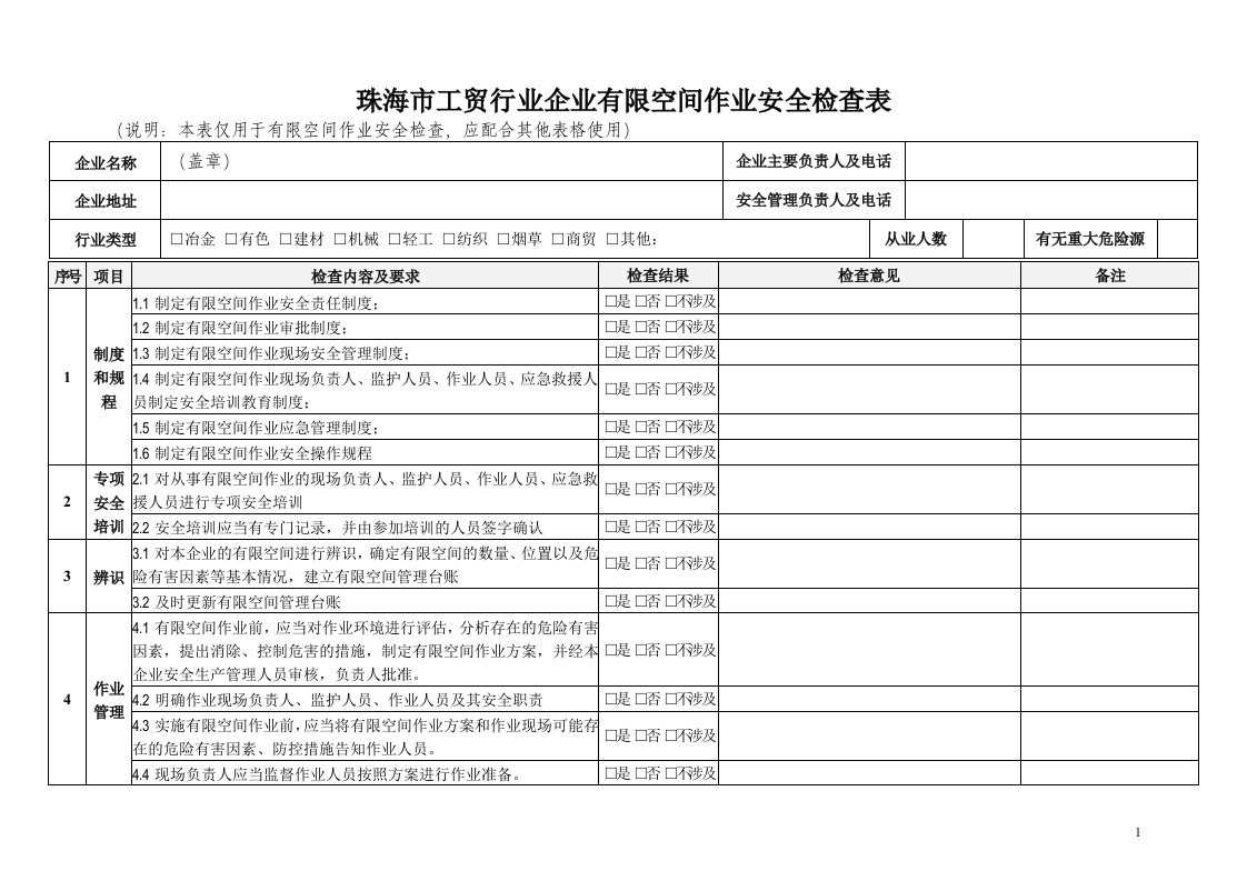 有限空间作业安全检查表