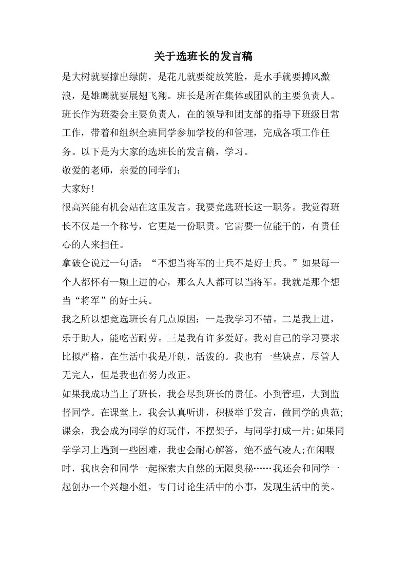 关于选班长的发言稿