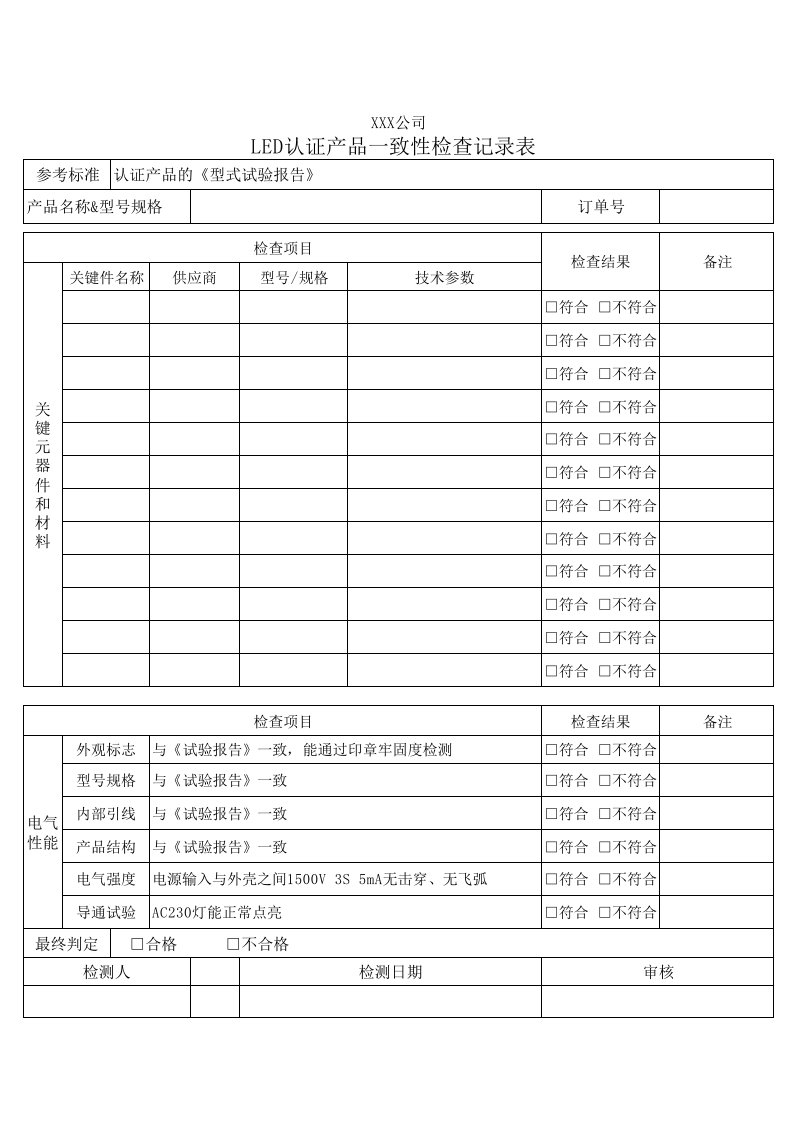 LED认证产品一致性检查记录表