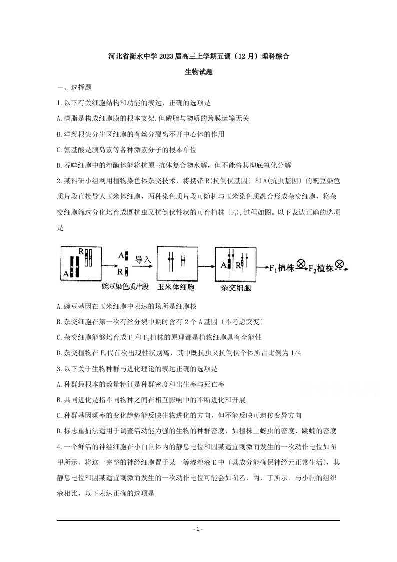 2023河北衡水中学高三五调生物试题及答案