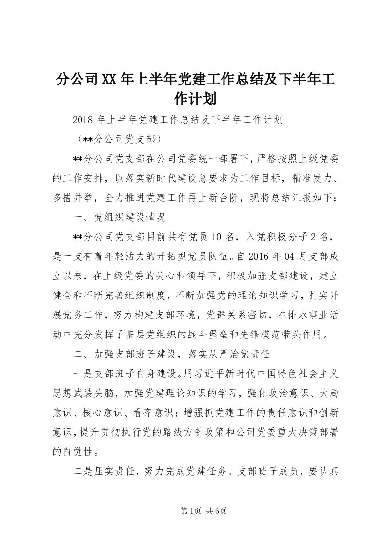 分公司某年上半年党建工作总结及下半年工作计划