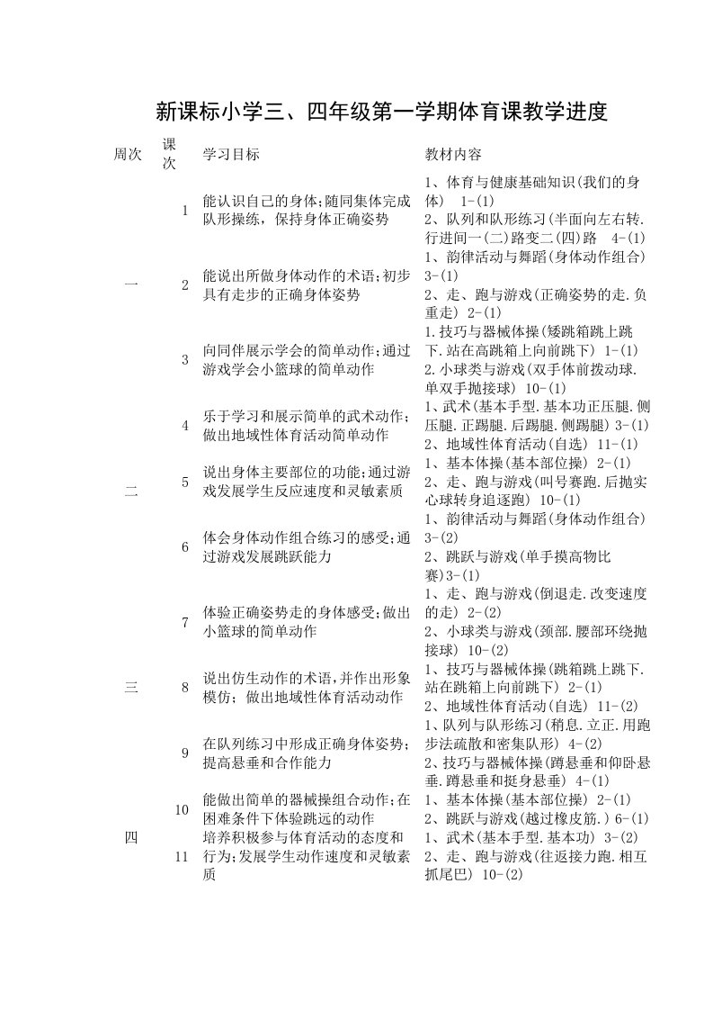 新课标小学三四年级第一学期体育课教学进度