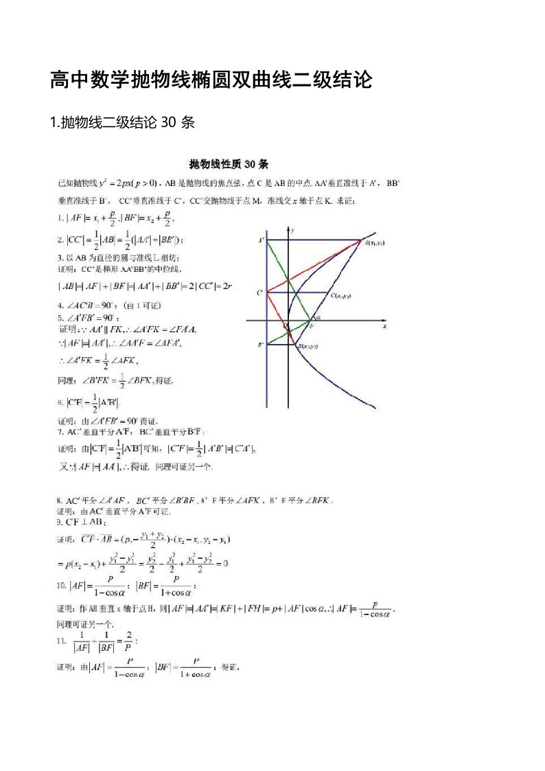 高中数学抛物线椭圆双曲线二级结论