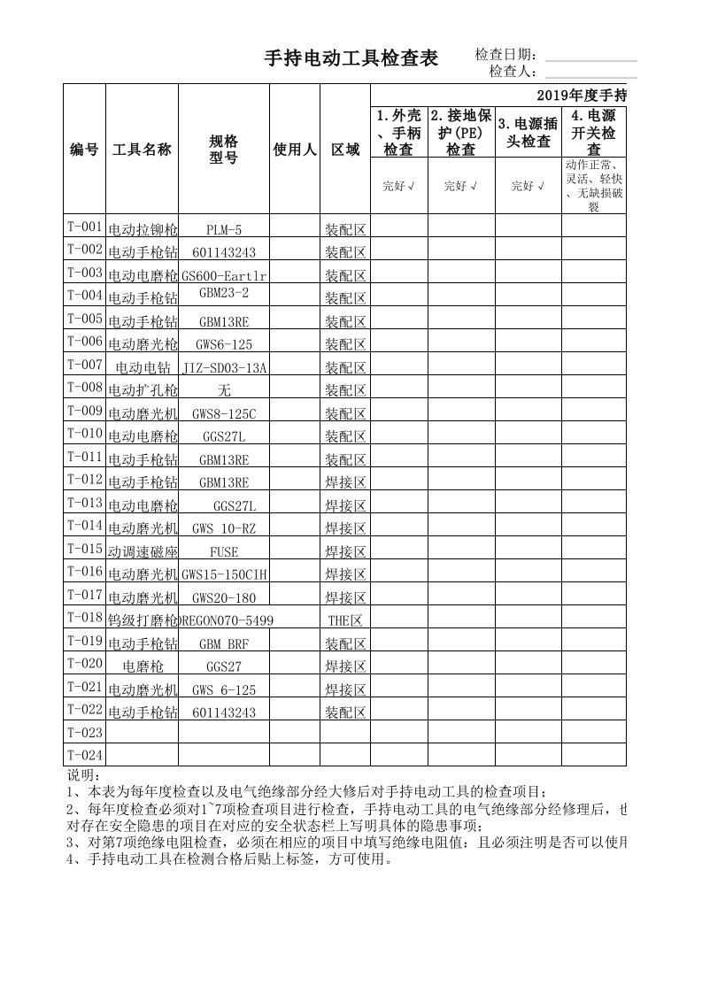 手持电动工具安全检查记录表