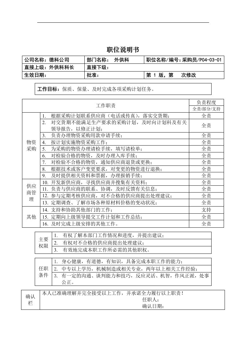 职位说明书_外供采购员