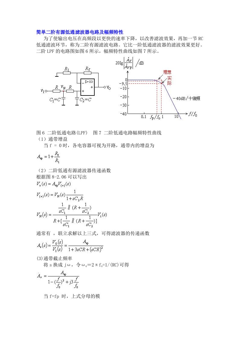 简单二阶有源低通滤波器电路及幅频特性