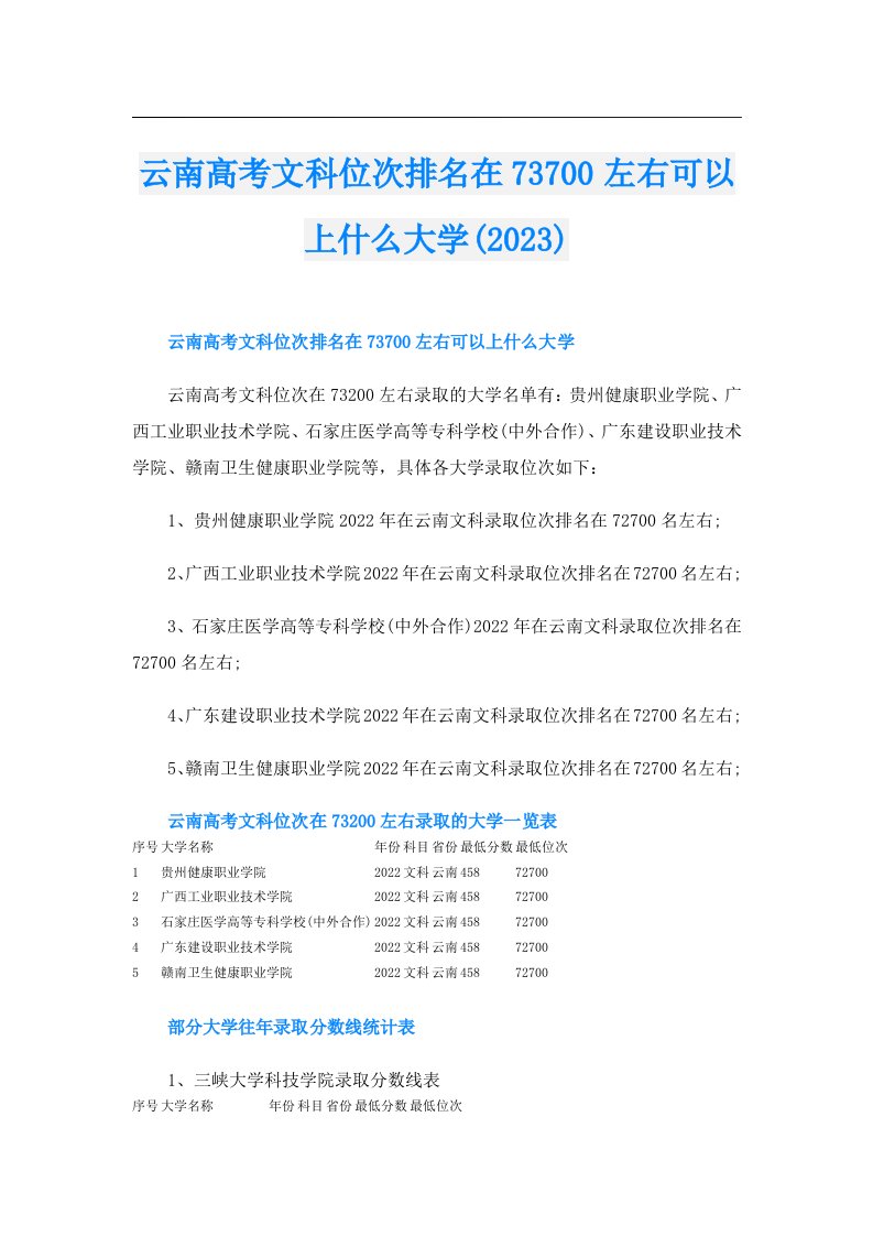 云南高考文科位次排名在73700左右可以上什么大学()