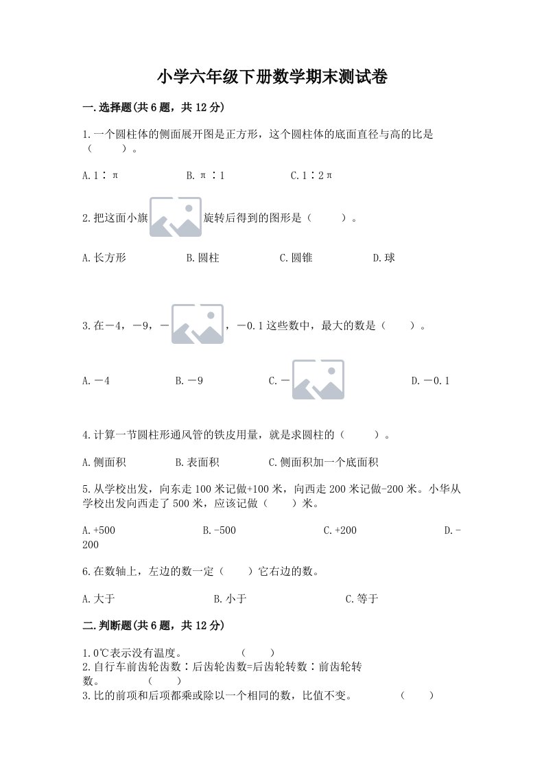 小学六年级下册数学期末测试卷附参考答案【满分必刷】