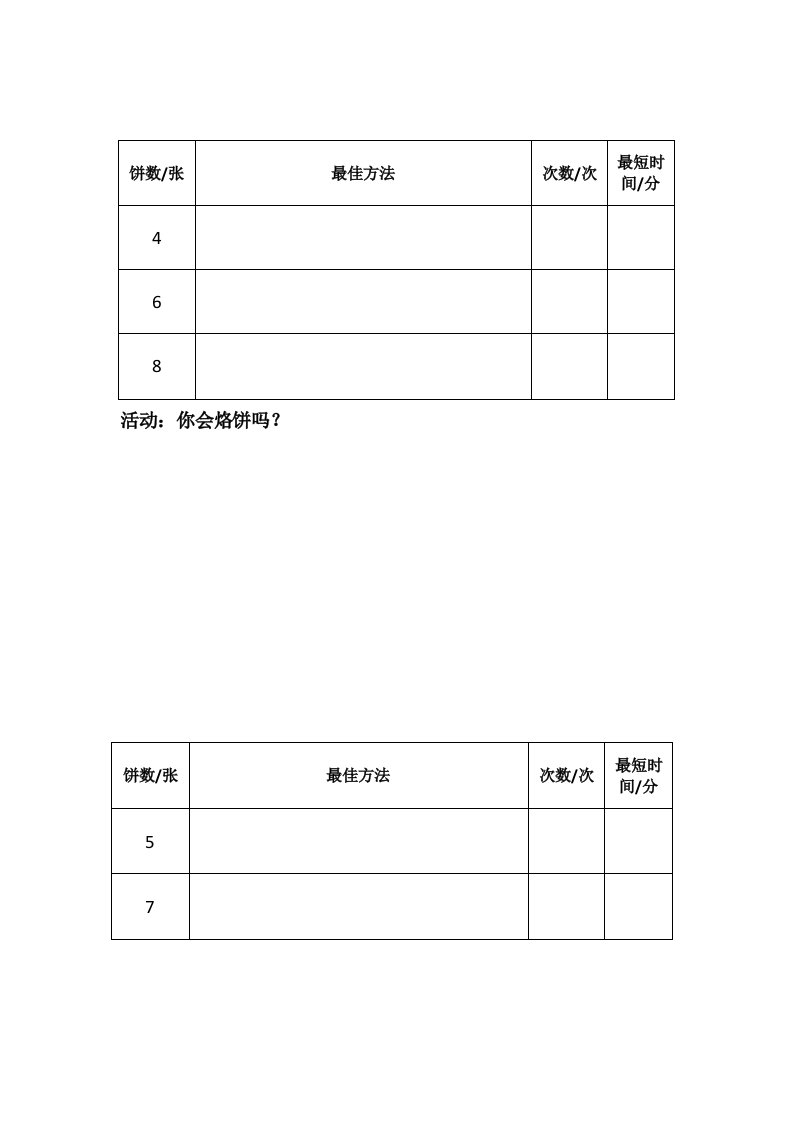 小学人教四年级数学活动作业纸