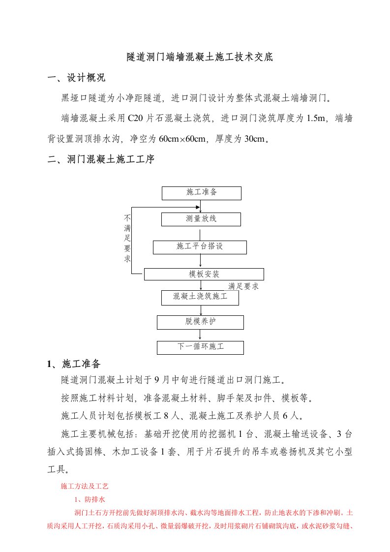 小净距隧道进口端墙式洞门混凝土施工技术交底