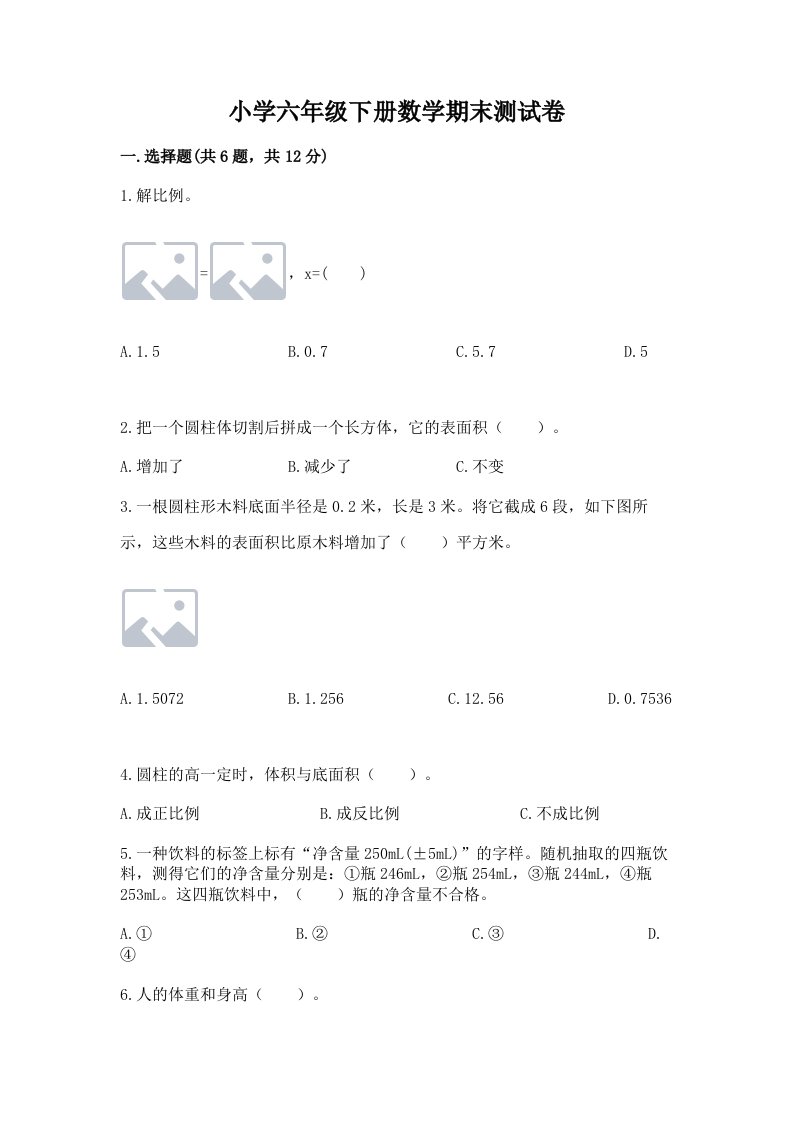 小学六年级下册数学期末测试卷（必刷）