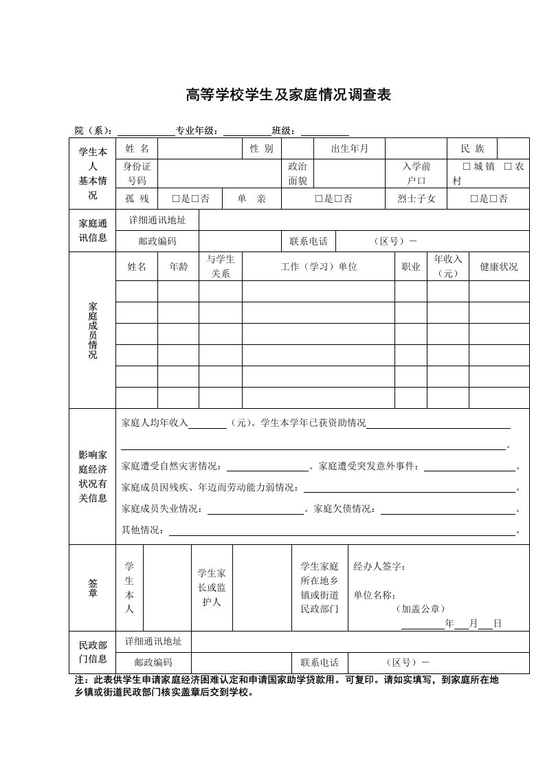 家庭情况调查表国家助学金申请表认定表承诺书