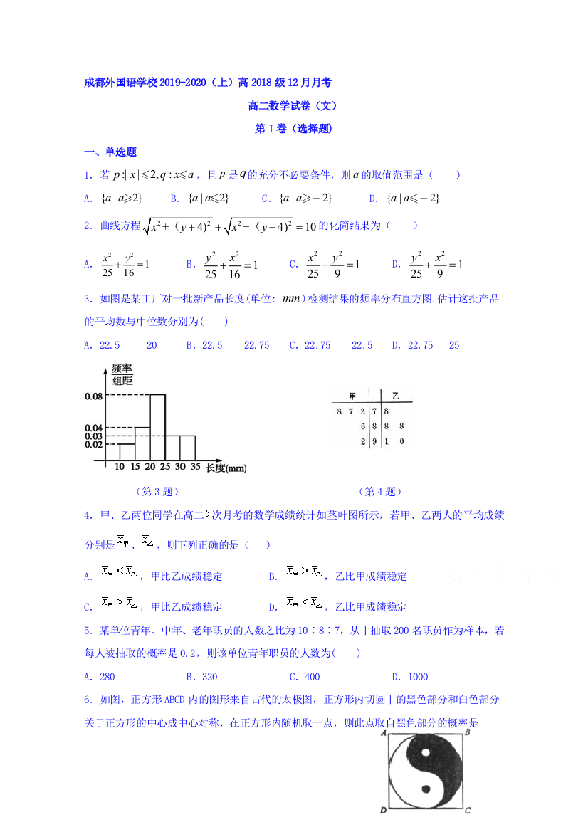 四川省成都外国语学校2019-2020学年高二12月月考数学（文）试题