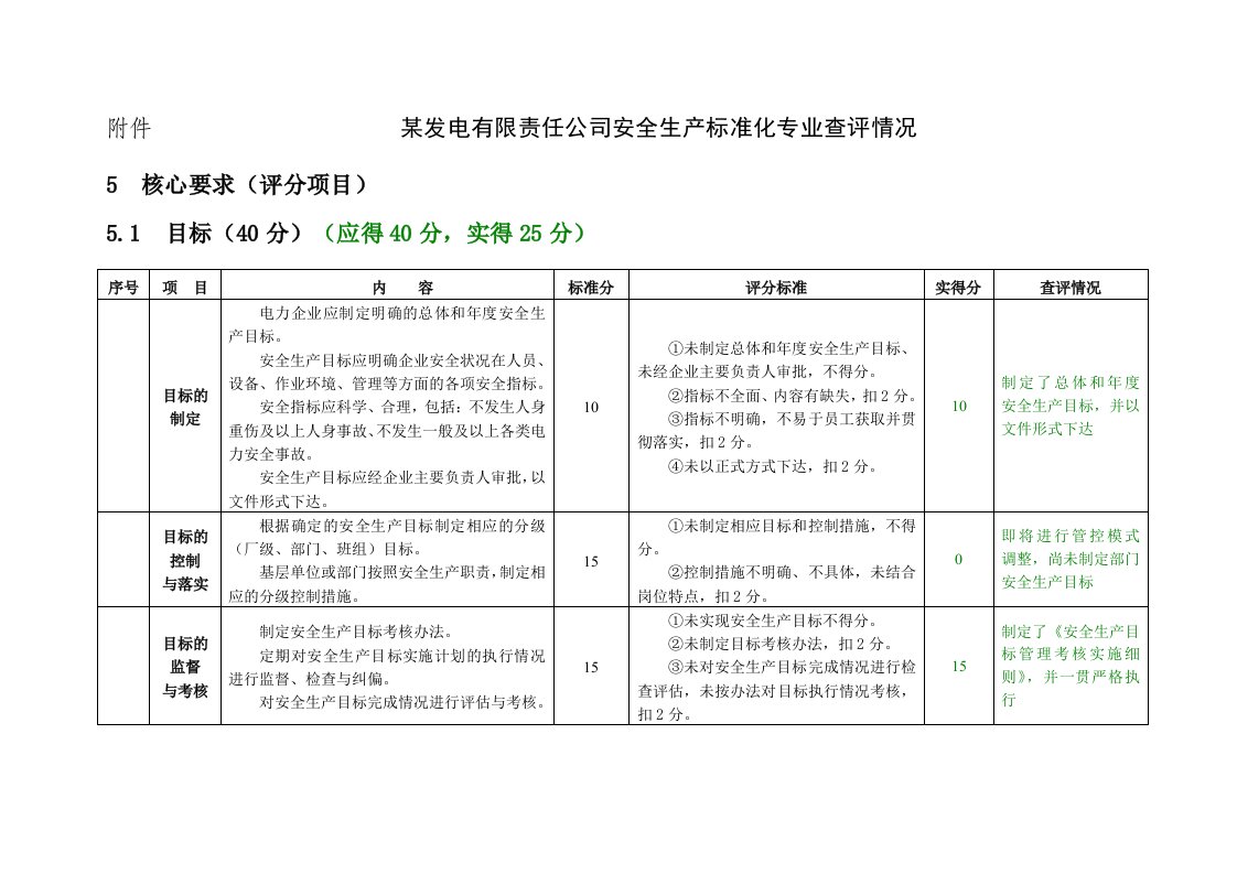 某发电公司安全生产标准化专业查评情况