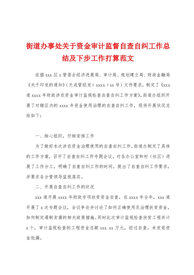 街道办事处关于资金审计监督自查自纠工作总结及下步工作打算范文