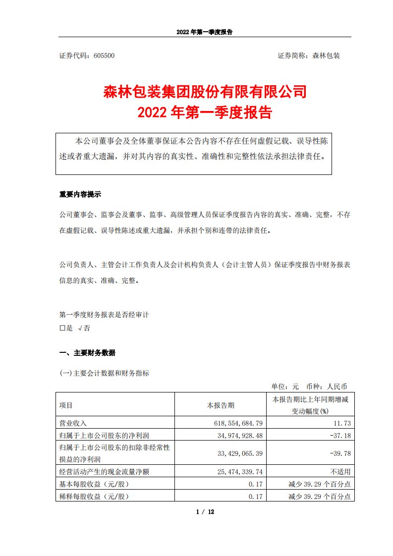 上交所-森林包装集团股份有限公司2022年一季度报告-20220425